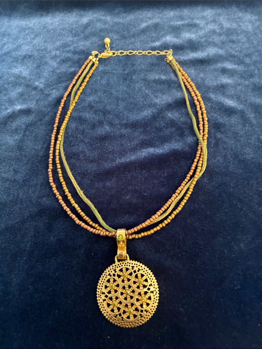 VTG Premier Designs "Bamboo" Triple Strand  Necklace with Peridot Rhinestones